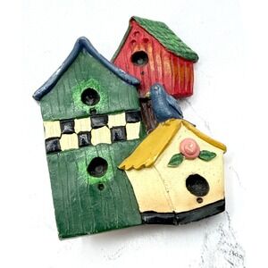 Bluebird Birdhouse Brooch Colorful Folk Art Cottagecore Pin 2.5"